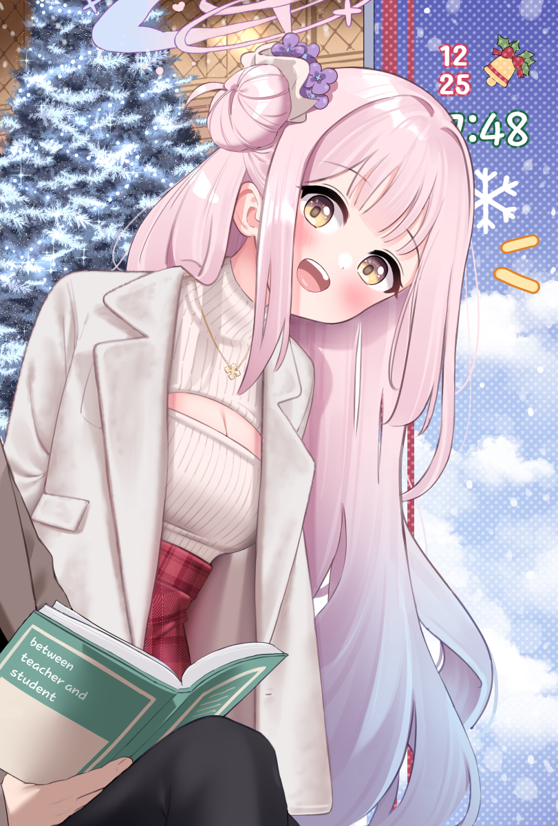 1boy 1girl blue_archive blush book breasts cleavage coat hair_bun halo head_tilt highres holding holding_book ine_(ineinnen) long_hair looking_at_another md5_mismatch medium_breasts meme_attire mika_(blue_archive) open-chest_sweater outdoors pink_hair red_skirt ribbed_sweater single_side_bun skirt smile solo_focus sweater sweater_tucked_in teeth upper_teeth_only very_long_hair white_coat white_sweater yellow_eyes