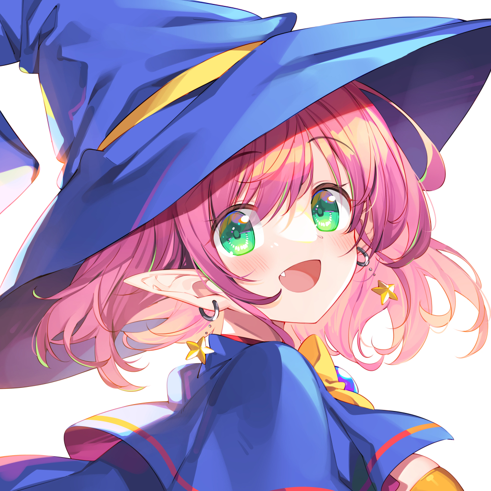 1girl :d alice_wishheart blue_capelet blue_headwear bucchake_(asami) capelet earrings fang floating_hair green_eyes hat jewelry long_hair magical_halloween open_mouth pink_hair pointy_ears portrait smile solo star_(symbol) star_earrings white_background witch_hat