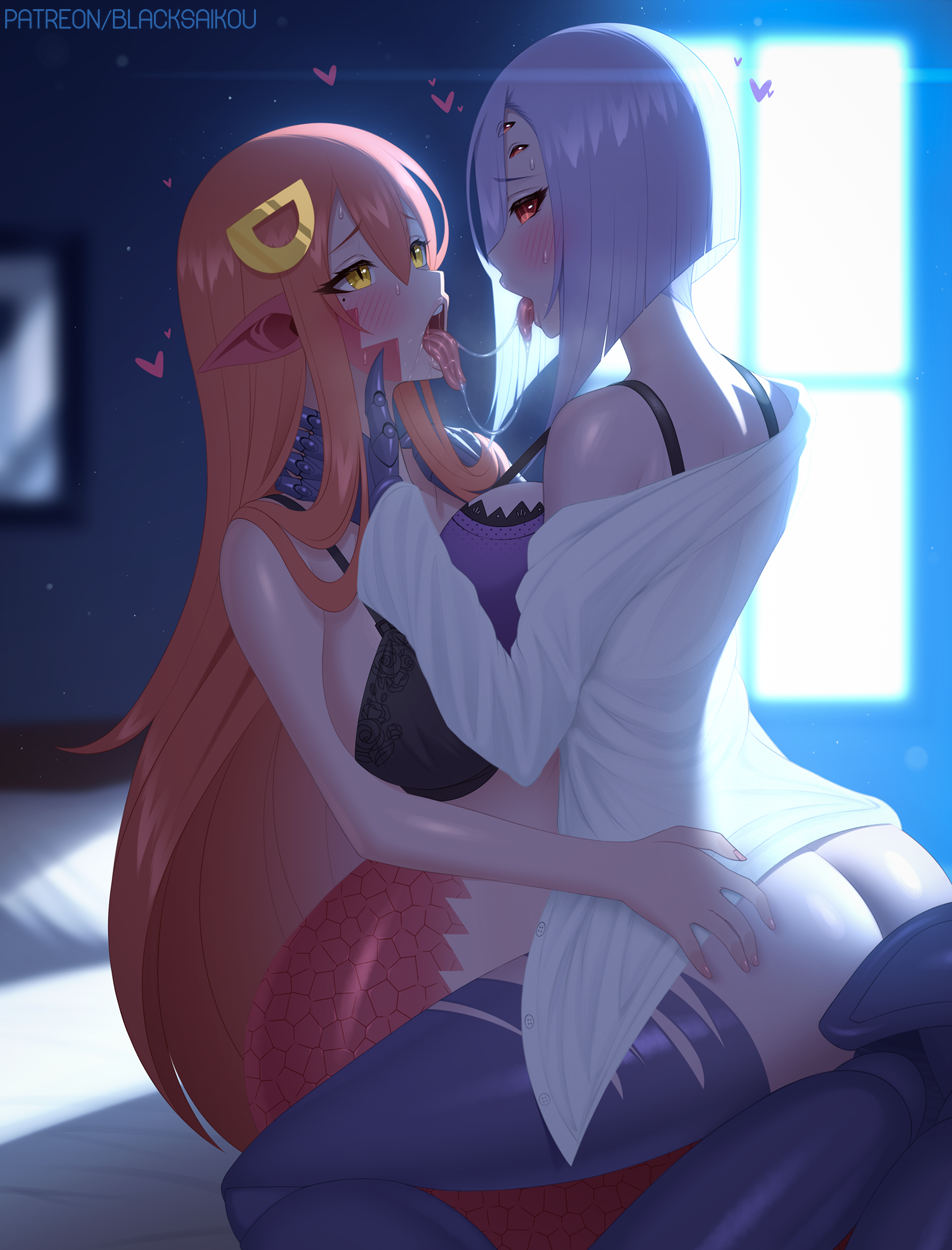 2girls after_kiss arachne arthropod_girl ass black_bra blacksaikou bra breast_press breasts carapace extra_eyes eye_contact face-to-face grey_hair hair_ornament hairclip highres lamia large_breasts long_hair looking_at_another miia_(monster_musume) monster_girl monster_musume_no_iru_nichijou multiple_girls multiple_legs open_mouth pointy_ears purple_bra rachnera_arachnera red_eyes red_hair red_scales saliva saliva_trail scales short_hair slit_pupils solid_eyes spider_girl taur tongue tongue_out underwear very_long_hair yellow_eyes yuri