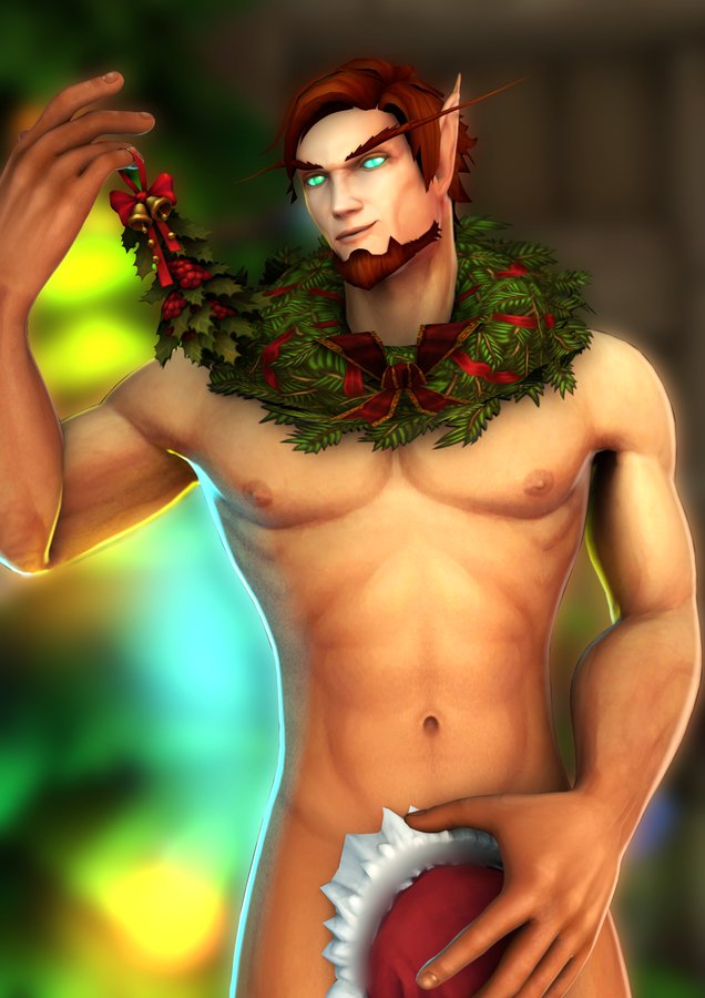 3d_(artwork) barovar_sunwhisper_(character) blizzard_entertainment blood_elf christmas christmas_clothing christmas_headwear clothing covering covering_crotch digital_media_(artwork) elf half_elf hat headgear headwear holidays humanoid humanoid_pointy_ears lich_crypt looking_at_viewer male nipples not_furry nude santa_hat simple_background smile solo warcraft wreath_around_neck