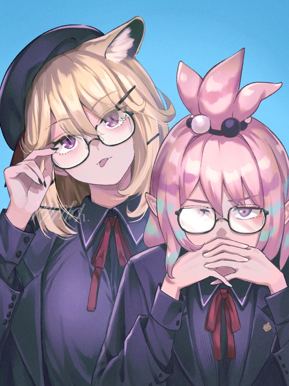 2girls animal_ear_fluff arknights black_nails blonde_hair blurry blurry_background gendou_pose glasses highres kirara_(arknights) looking_at_viewer memetaroh multiple_girls own_hands_clasped own_hands_together pink_hair pointy_ears purple_eyes purple_shirt shirt slit_pupils tongue tongue_out upper_body utage_(arknights) utage_(disguise)_(arknights)