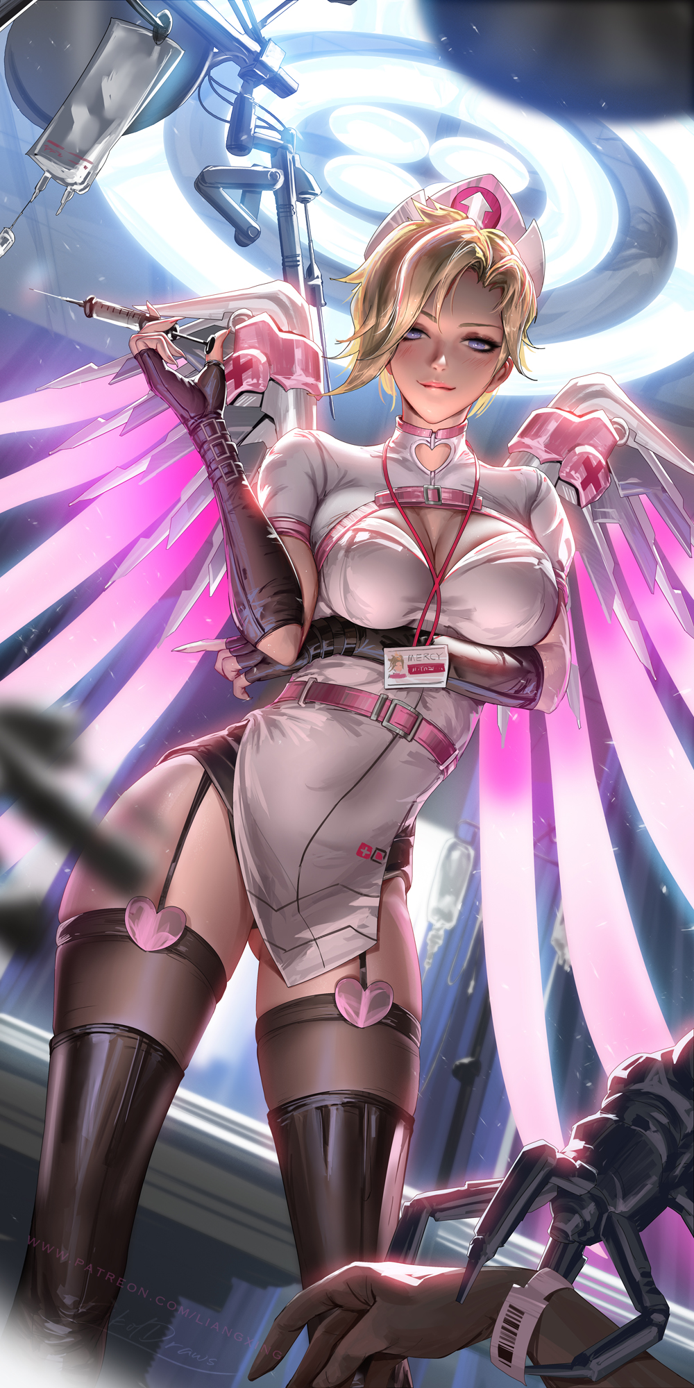 1girl arm_under_breasts black_thighhighs blonde_hair blue_eyes breasts cleavage closed_mouth clothing_cutout contrapposto dutch_angle feet_out_of_frame fingerless_gloves from_below garter_straps gloves hat heart_cutout highres id_card lanyard large_breasts liang_xing mechanical_wings mercy_(overwatch) nurse nurse_cap overwatch pencil_skirt pov skirt smile swept_bangs syringe thighhighs wings