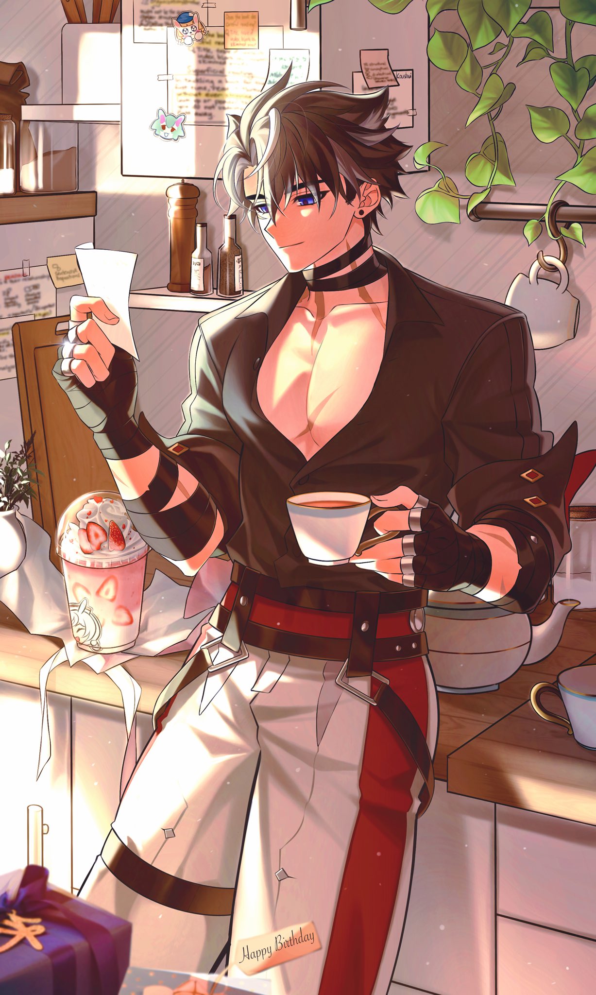 1boy abs bandaged_arm bandaged_hand bandages black_hair black_shirt cup earrings fingerless_gloves food fruit genshin_impact glass gloves grey_hair grey_pants hair_between_eyes happy_birthday highres jewelry koushuiba leaf male_focus melusine_(genshin_impact) multicolored_hair muscular muscular_male open_clothes open_shirt pants paper scar shirt short_hair sigewinne_(genshin_impact) solo strawberry streaked_hair teapot wriothesley_(genshin_impact)