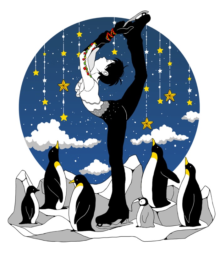 1boy animal arms_up ayuyu_(baby) baby_penguin bird black_hair black_pants closed_eyes cloud colored_skin figure_skating from_side hanyuu_yuzuru ice_skates leg_up male_focus pants penguin real_life shirt short_hair skates standing standing_on_one_leg star_(symbol) white_background white_shirt white_skin