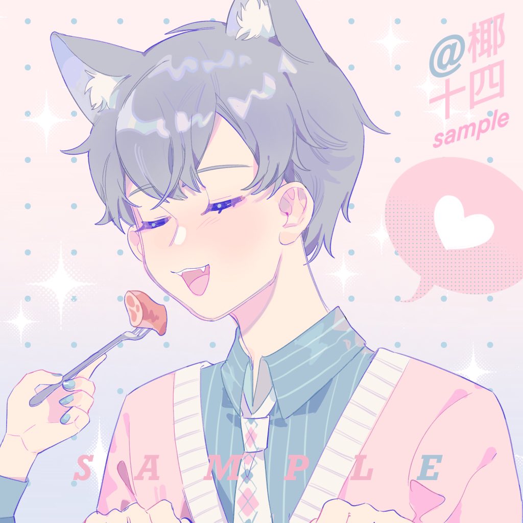 1boy 1girl animal_ear_fluff animal_ears argyle_necktie black_hair blue_background blue_nails blue_shirt blue_sleeves cat_boy cat_ears chinese_commentary closed_eyes collared_shirt commentary_request eyelashes fangs feeding food fork gradient_background heart hetero holding holding_fork jacket light_blush long_sleeves male_focus nail_polish necktie open_mouth original out_of_frame paw_pose pink_background pink_jacket pinstripe_pattern pinstripe_shirt polka_dot polka_dot_background sample_watermark sausage shirt short_hair smile solo_focus sparkle spoken_heart striped striped_shirt sweater_jacket teeth twitter_username upper_body upper_teeth_only v-neck vertical-striped_shirt vertical_stripes watermark white_necktie yeshisi