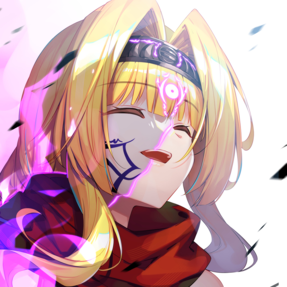 1girl :d ashikaga_yoshiteru_(sengoku_otome) blonde_hair blunt_bangs bucchake_(asami) closed_eyes hair_intakes headband long_hair open_mouth portrait red_scarf scarf sengoku_otome smile solo white_background