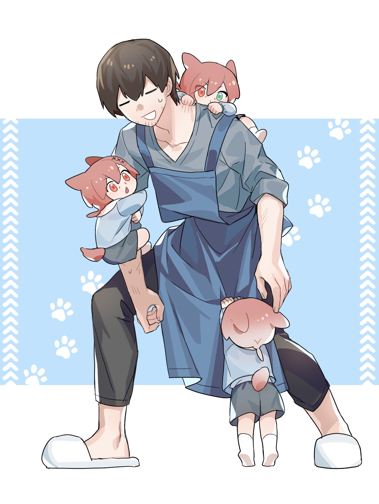 4boys :o =_= adventurer_(ff14) alternate_costume animal_ears apron arm_hug beard_stubble black_pants blue_apron blue_background blue_shirt brown_hair carrying carrying_person cat_boy cat_ears cat_tail chibi clinging closed_eyes clothes_grab collarbone facing_viewer final_fantasy final_fantasy_xiv full_body g'raha_tia gradient_hair green_eyes grey_shirt grey_shorts hair_ornament heterochromia highres hyur kneehighs leaning_back legs_apart low_ponytail male_focus mini_person miniboy miqo'te multicolored_hair multiple_boys multiple_persona nervous_smile pants paw_print paw_print_background piggyback red_eyes red_hair scratches shirt short_hair short_ponytail shorts simple_background size_difference slippers smile socks standing sweatdrop tail tiptoes triangle_mouth warrior_of_light_(ff14) white_background white_footwear white_socks x_hair_ornament zhongffuse