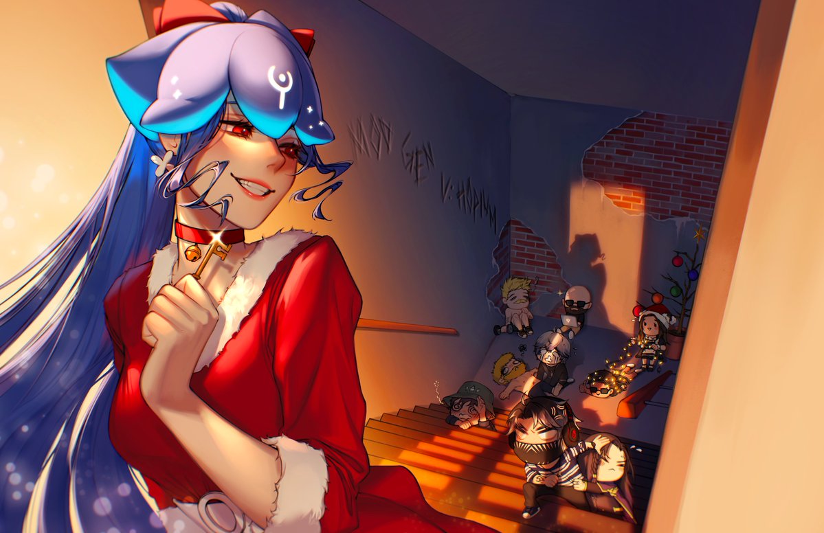 6+boys anger_vein bald bao_(vtuber) beard bell black_hair blonde_hair blue_hair bow braid breasts brick_wall chibi choker christmas christmas_lights computer crying dress dumbbell earrings english_commentary facial_hair grin hair_bow hat headphones holding holding_key indie_virtual_youtuber jewelry key laptop lying mask mouth_mask multiple_boys multiple_girls mustache neck_bell on_back peej ponytail railing red_eyes santa_dress santa_hat second-party_source shadow sitting small_breasts smile stairs sunglasses teeth topless virtual_youtuber