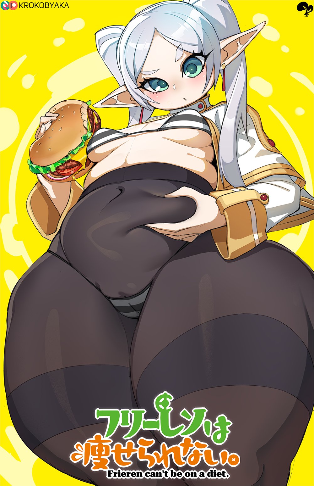 1girl bikini breasts burger cameltoe cleavage elf elf-san_wa_yaserarenai. food frieren grabbing_own_stomach grey_hair highres holding holding_food krokobyaka pantyhose parody plump pointy_ears small_breasts solo sousou_no_frieren striped_bikini striped_clothes swimsuit thick_thighs thighs twintails wide_hips yellow_background