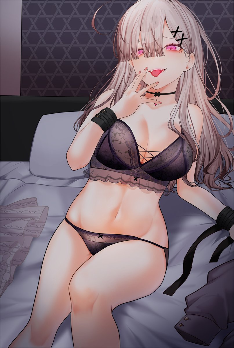 1girl ahoge bed bed_sheet bedroom black_bra black_panties blush bow bow_bra bow_panties bra breasts cleavage collarbone embroidered_panties embroidery gomo grey_hair hair_ornament hair_over_one_eye highres indoors lace large_breasts lingerie long_hair looking_at_viewer lying mole mole_under_eye navel nijisanji on_back on_bed open_mouth panties pillow pink_eyes sheet_grab solo sukoya_kana sukoya_kana_(5th_costume) tongue tongue_out underwear underwear_only virtual_youtuber x x_hair_ornament