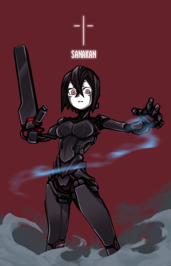 1girl arm_cannon aura blame! breasts cable character_name cross crossed_bangs cyborg facial_mark hair_between_eyes hand_up hashtag_only_commentary joints legs_apart outstretched_arm pale_skin red_background red_eyes robot_joints sanakan smoke solo soo05120512 standing surprised weapon white_eyes
