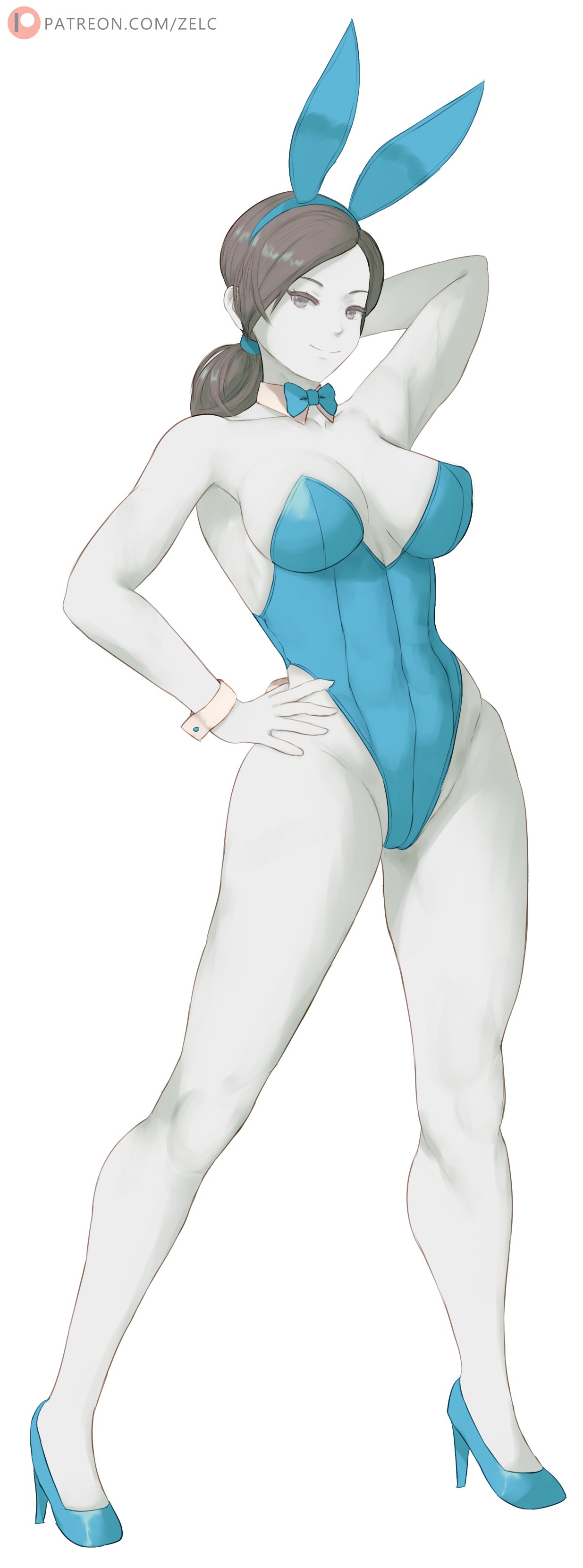1girl absurdres alternate_costume animal_ears arm_up bare_legs bare_shoulders black_hair blue_leotard bow bowtie breasts closed_mouth colored_skin covered_navel detached_collar fake_animal_ears full_body grey_eyes hand_on_own_hip high_heels highleg highleg_leotard highres large_breasts leotard long_hair looking_at_viewer no_sclera playboy_bunny ponytail rabbit_ears smile solo standing strapless strapless_leotard super_smash_bros. traditional_bowtie white_skin wii_fit wii_fit_trainer wii_fit_trainer_(female) wrist_cuffs zelc-face