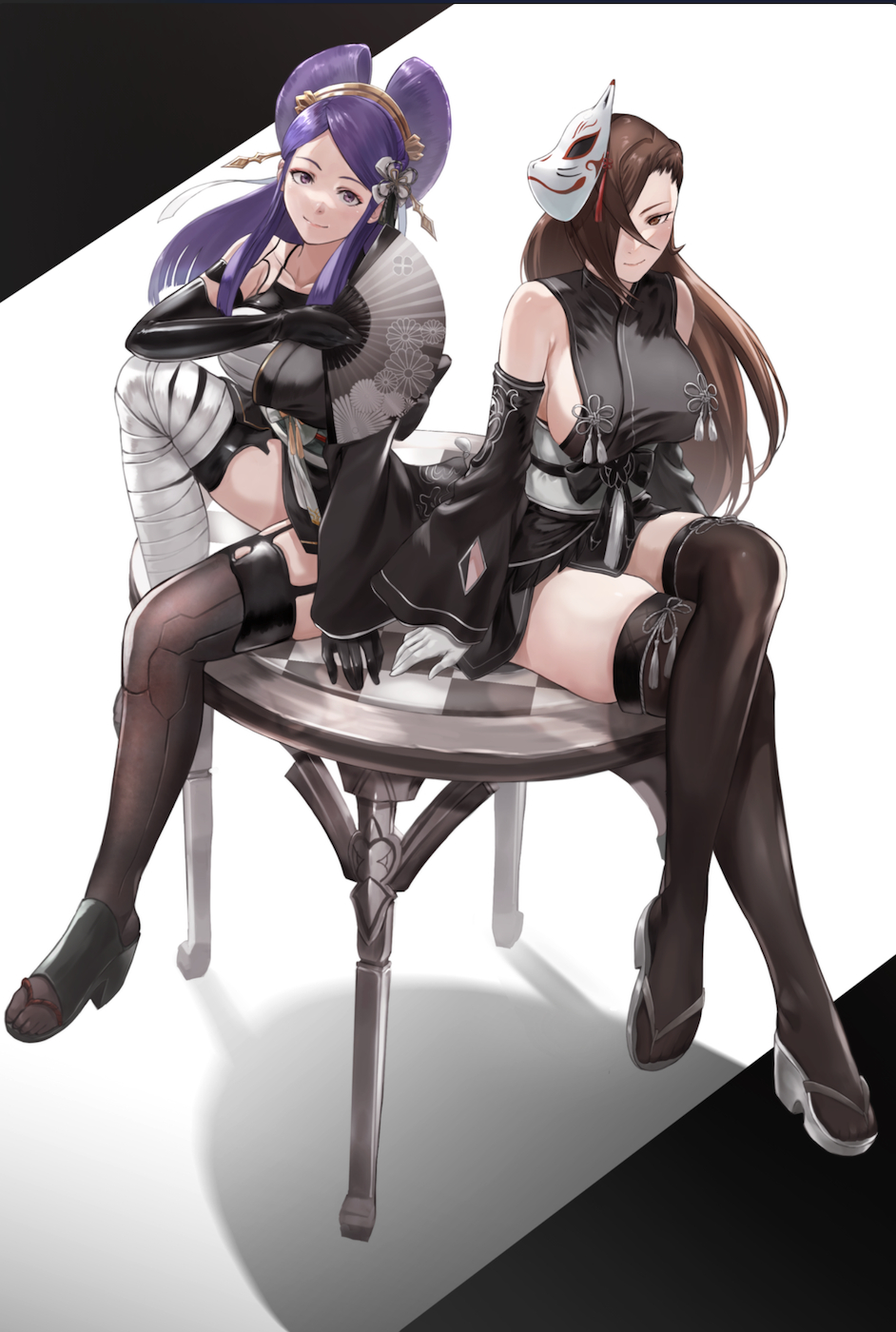 2b_(nier:automata) 2b_(nier:automata)_(cosplay) 2girls a2_(nier:automata) a2_(nier:automata)_(cosplay) alternate_costume bare_shoulders breasts brown_eyes brown_hair comb commission cosplay crossed_legs crossover fire_emblem fire_emblem_fates full_body gauss_&lt;bokashi hair_bun hair_ornament hair_over_one_eye hair_stick hand_fan highres japanese_clothes kagero_(fire_emblem) large_breasts long_hair looking_at_viewer mature_female multiple_girls nier:automata nier_(series) no_blindfold orochi_(fire_emblem) ponytail purple_eyes purple_hair sideboob simple_background sitting sitting_on_table skeb_commission skindentation smile thighs