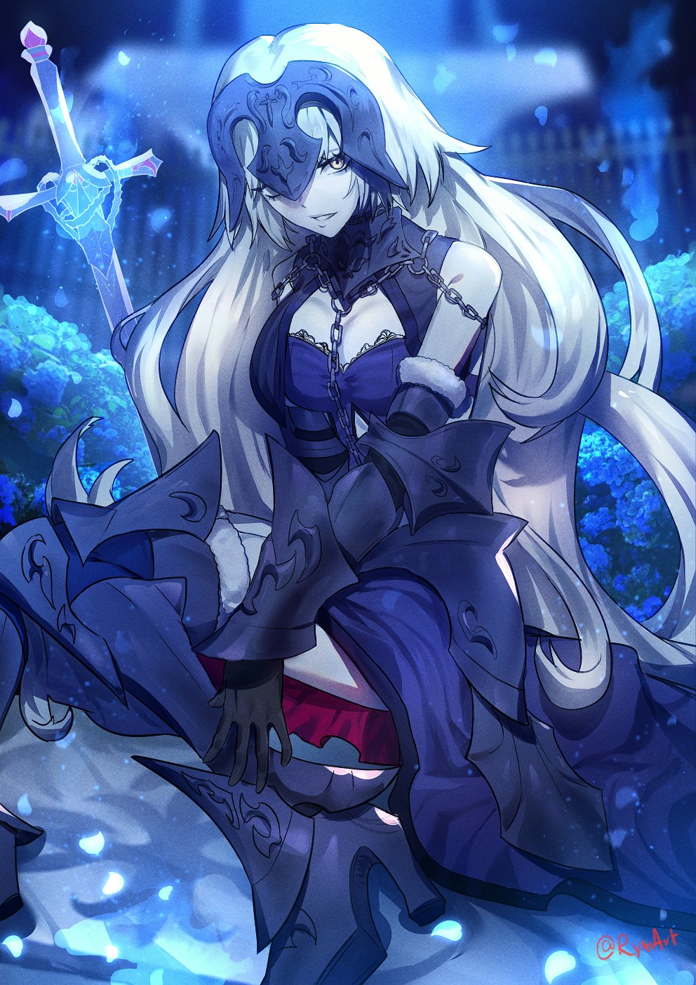 1girl armor armored_boots armored_dress bare_shoulders black_armor black_dress black_gloves blue_flower boots chain commentary detached_sleeves dress english_commentary fate/grand_order fate_(series) flower fur-trimmed_sleeves fur_trim gloves grey_hair grin headpiece highres jeanne_d'arc_alter_(avenger)_(fate) jeanne_d'arc_alter_(avenger)_(third_ascension)_(fate) jeanne_d'arc_alter_(fate) long_hair looking_at_viewer pale_skin petals plackart planted planted_sword ryairyai sitting smile solo sword twitter_username very_long_hair weapon yellow_eyes