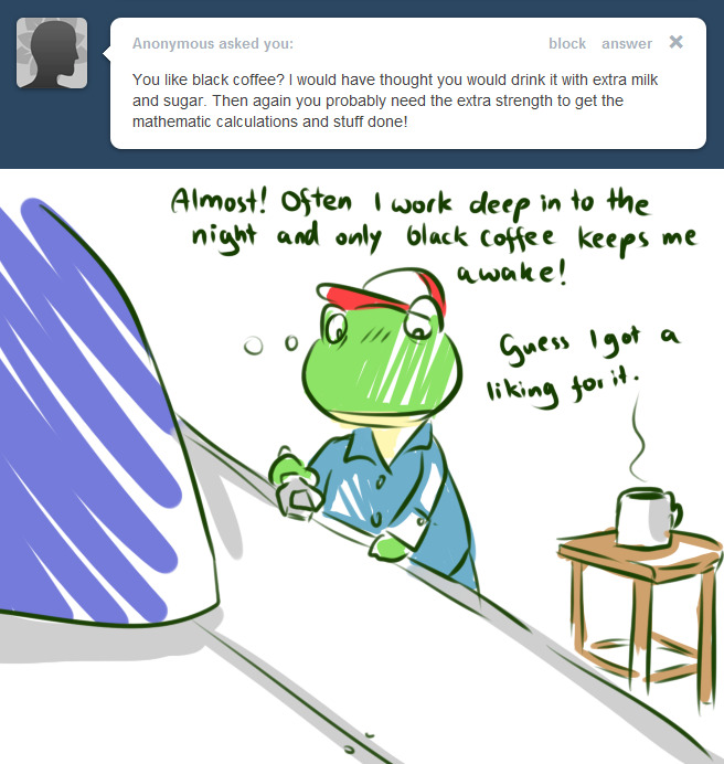 airwing amphibian anthro ask_blog beverage blue_pajamas clothing coffee coffee_cup container cup dialogue english_text frog furniture green_text hat headgear headwear male nintendo pajamas red_clothing red_hat red_headwear simple_background slippy_o'donnell slippy_toad solo star_fox stool text tired tumblr white_background white_clothing white_hat white_headwear workbench