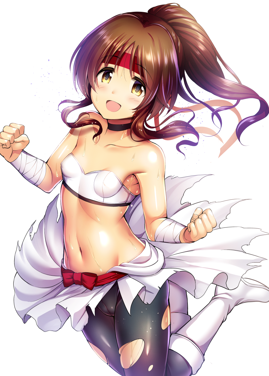 1girl bandaged_arm bandages bare_shoulders black_choker black_pantyhose blush boots bow breasts brown_eyes brown_hair choker clenched_hands collarbone dot_nose hachimaki hands_up headband highres idolmaster idolmaster_cinderella_girls idolmaster_cinderella_girls_starlight_stage long_hair looking_at_viewer ment midriff navel open_mouth pantyhose ponytail red_bow sidelocks simple_background skirt small_breasts smile solo standing standing_on_one_leg strapless sweat takamori_aiko torn_clothes torn_pantyhose tube_top waist_bow white_background white_footwear white_skirt white_tube_top