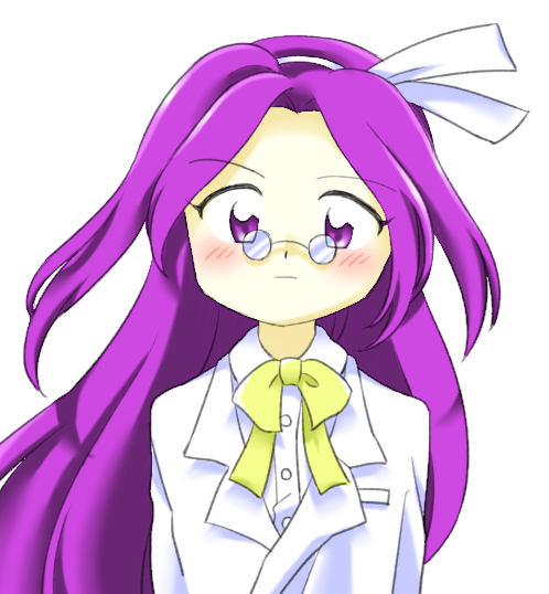 1girl :| asakura_rikako blush bow bowtie buttons closed_mouth coat collared_shirt dress_shirt hairband lab_coat long_hair looking_at_viewer nonamejd official_style purple_eyes purple_hair shirt simple_background solo straight-on touhou touhou_(pc-98) very_long_hair white_background white_coat white_hairband white_shirt yellow_bow yellow_bowtie zun_(style)