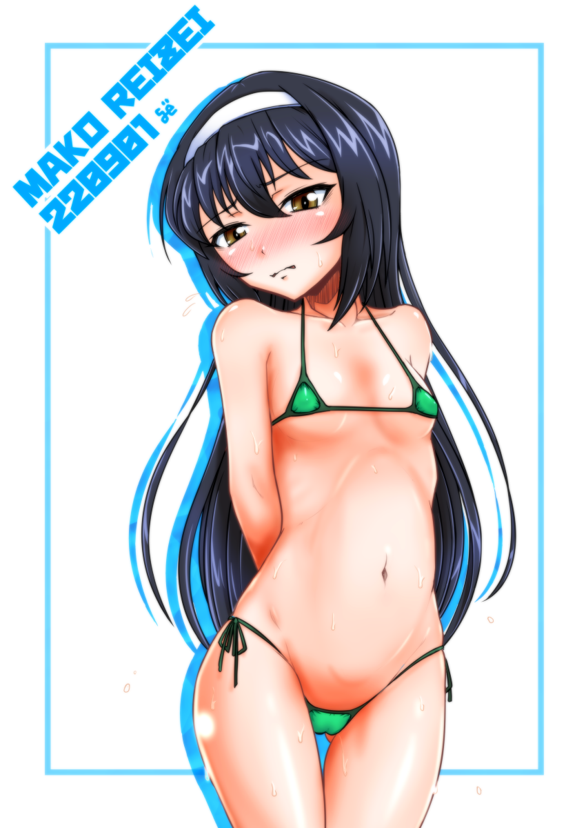 1girl arms_behind_back ayanagi_gumimi bikini black_hair blue_border blush border breasts brown_eyes character_name closed_mouth commentary cowboy_shot dated frown girls_und_panzer green_bikini groin hairband half-closed_eyes halterneck highres long_hair looking_at_viewer micro_bikini navel reizei_mako shadow side-tie_bikini_bottom small_breasts solo standing sweat sweatdrop swimsuit thigh_gap white_background white_hairband