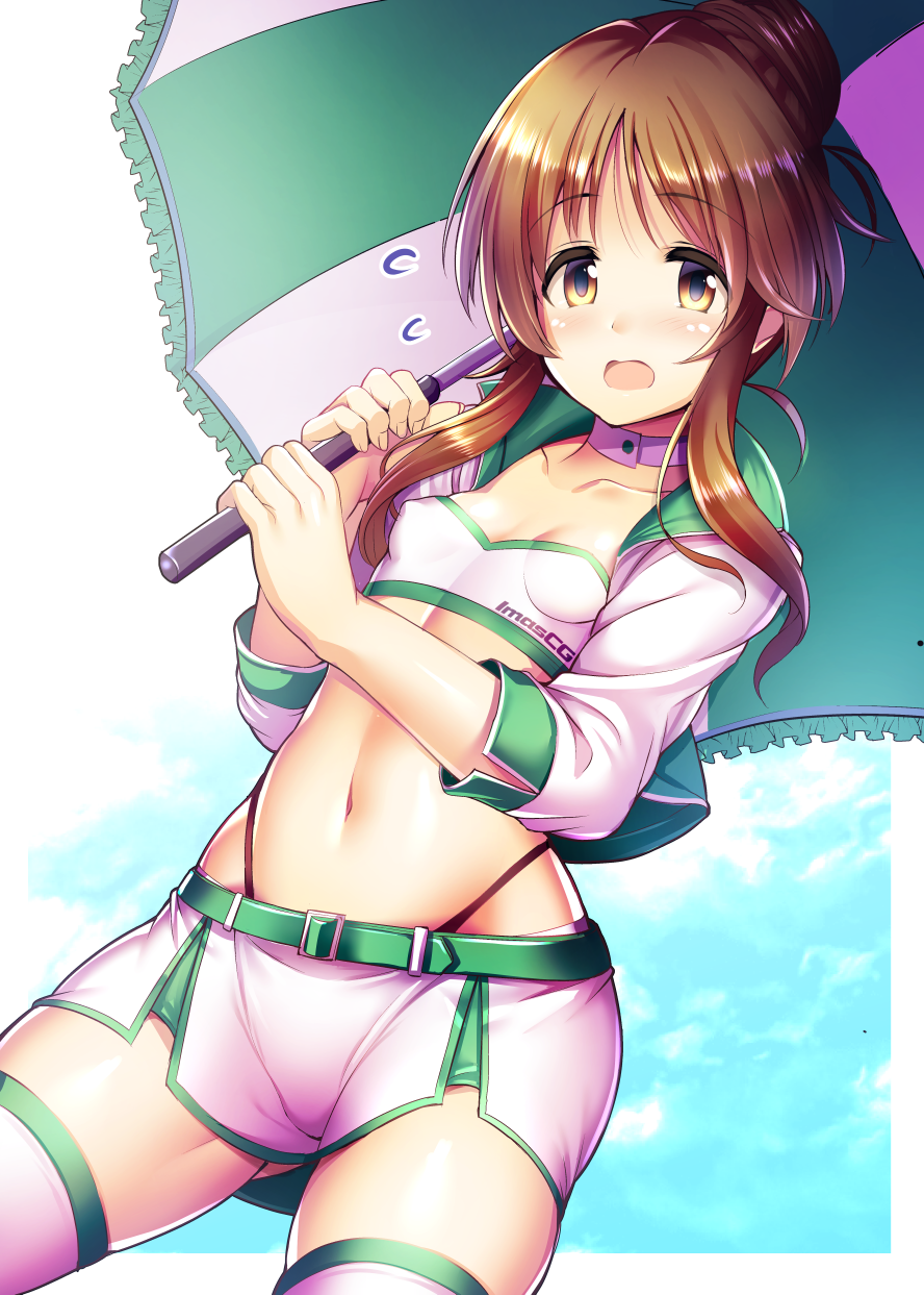 1girl belt blue_sky blush border breasts brown_eyes brown_hair choker cloud collarbone cowboy_shot crop_top cropped_jacket dot_nose flying_sweatdrops frilled_umbrella frills from_below green_belt green_trim green_umbrella hair_bun hands_up highres holding holding_umbrella idolmaster idolmaster_cinderella_girls idolmaster_cinderella_girls_starlight_stage jacket long_hair long_sleeves looking_at_viewer ment midriff miniskirt multicolored_clothes multicolored_jacket navel open_clothes open_jacket open_mouth outside_border pink_choker ponytail race_queen sidelocks single_hair_bun skirt sky small_breasts solo standing strapless takamori_aiko thighhighs tube_top two-tone_jacket umbrella white_border white_skirt white_thighhighs white_tube_top