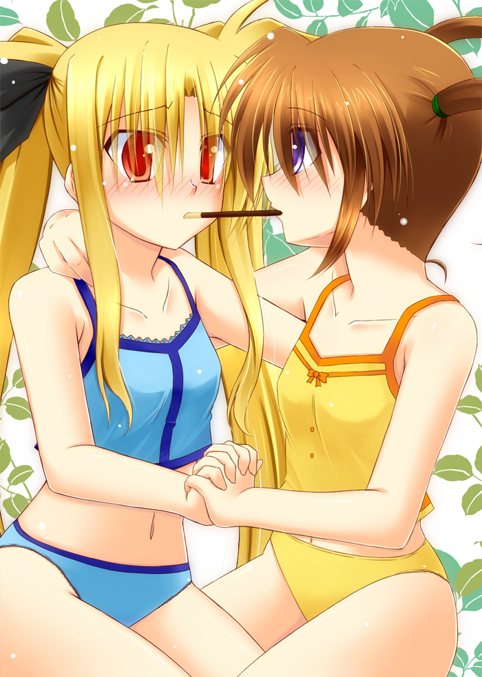 blonde_hair blush brown_hair camisole fate_testarossa food hair_ribbon holding_hands lask long_hair lyrical_nanoha mahou_shoujo_lyrical_nanoha mahou_shoujo_lyrical_nanoha_a's midriff multiple_girls navel panties pocky pocky_kiss purple_eyes red_eyes ribbon shared_food short_twintails takamachi_nanoha twintails underwear yuri