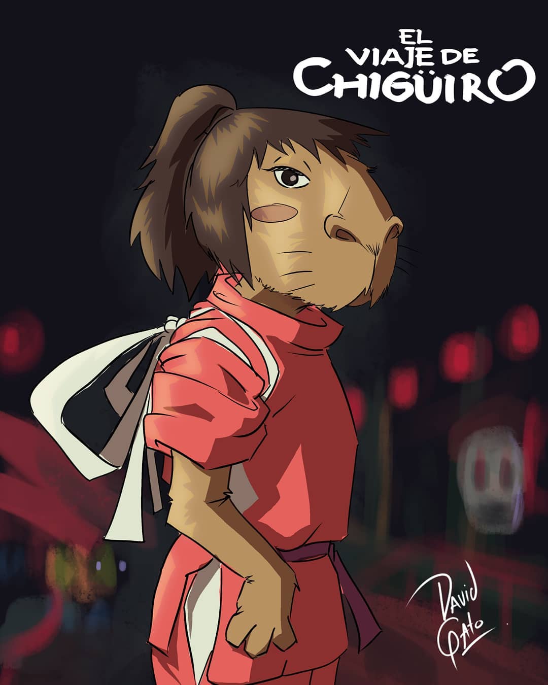 anthro asian_clothing brown_body brown_fur brown_hair capybara caviid chihiro_ogino clothing david_el_gato_(artist) east_asian_clothing female fur ghibli hair hi_res japanese_clothing mammal red_cheeks red_clothing rodent signature sketch solo spirited_away whiskers