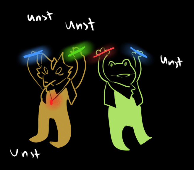 amphibian animated anthro black_background canid canine clothing dancing duo fox fox_mccloud frog glowing glowstick green_clothing jewelry male mammal necklace nintendo orange_clothing rave simple_background slippy_o'donnell slippy_toad star_fox text white_text