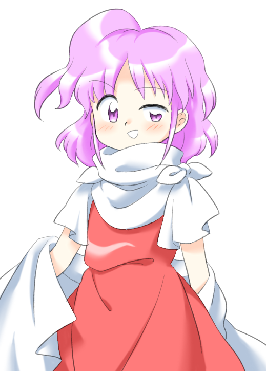 1girl :d blush dress nonamejd official_style parted_bangs pink_eyes pink_hair red_dress sara_(touhou) short_hair simple_background smile solo touhou touhou_(pc-98) uneven_eyes white_background zun_(style)