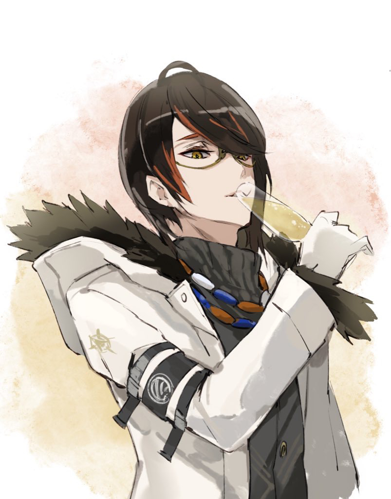 1boy alcohol arknights black_hair brown-framed_eyewear brown_eyes champagne champagne_flute character_request check_character cup drinking drinking_glass e-bushi fur-trimmed_hood fur-trimmed_sleeves fur_trim glasses gloves gnosis_(arknights) grey_sweater holding holding_cup hood hood_down hooded_jacket jacket long_sleeves male_focus multicolored_hair open_clothes open_jacket red_hair semi-rimless_eyewear solo streaked_hair sweater turtleneck turtleneck_sweater under-rim_eyewear upper_body white_gloves white_jacket