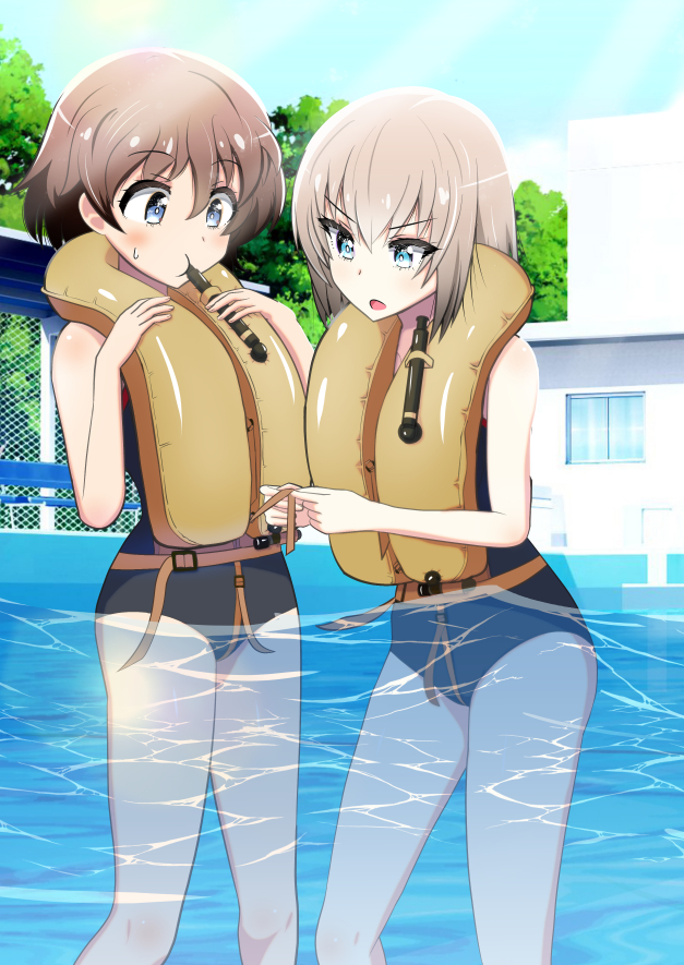 2girls akaboshi_koume black_one-piece_swimsuit blowing blue_eyes blue_sky brown_hair commentary_request commission day english_commentary frown girls_und_panzer grey_hair itsumi_erika life_vest looking_at_another medium_hair mixed-language_commentary multiple_girls one-piece_swimsuit open_mouth outdoors partial_commentary pool school_swimsuit short_hair skeb_commission sky standing sweatdrop swimsuit tokishiro_(himawarihatake) wading