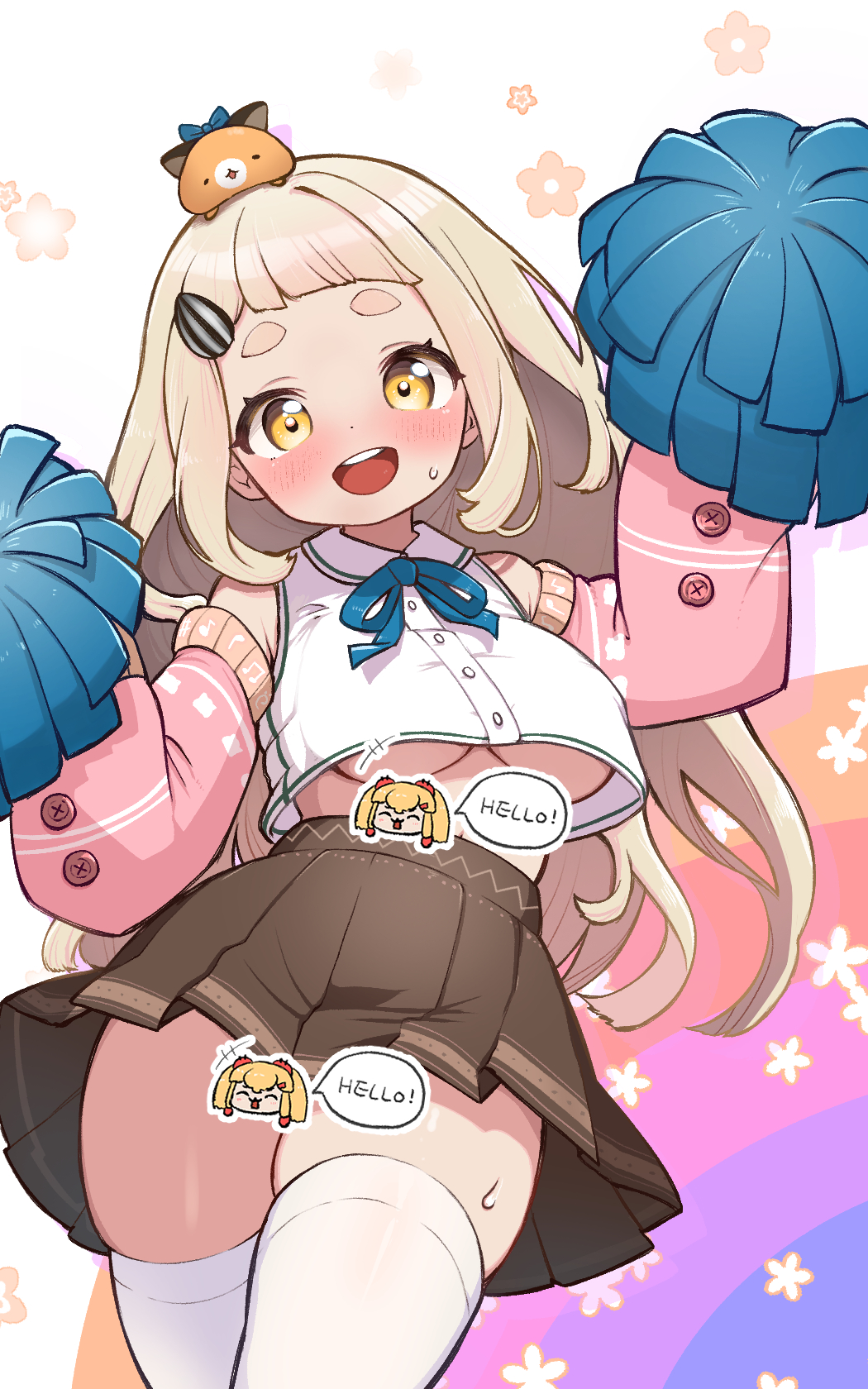 animal_on_head blunt_ends blush breasts brown_skirt cardigan chibi chibi_inset contrapposto cowboy_shot crop_top crop_top_overhang diagonal_bangs floral_background hamster highres holding holding_pom_poms kani_bonara light_brown_hair long_hair looking_at_viewer machita_chima medium_breasts midriff miniskirt nijisanji on_head open_mouth pink_cardigan pom_pom_(cheerleading) rainbow_background seed seed_hair_ornament shirt short_bangs short_eyebrows skirt smile speech_bubble sunflower_seed tareme thick_eyebrows thick_thighs thighhighs thighs underboob virtual_youtuber white_shirt white_thighhighs yellow_eyes zettai_ryouiki