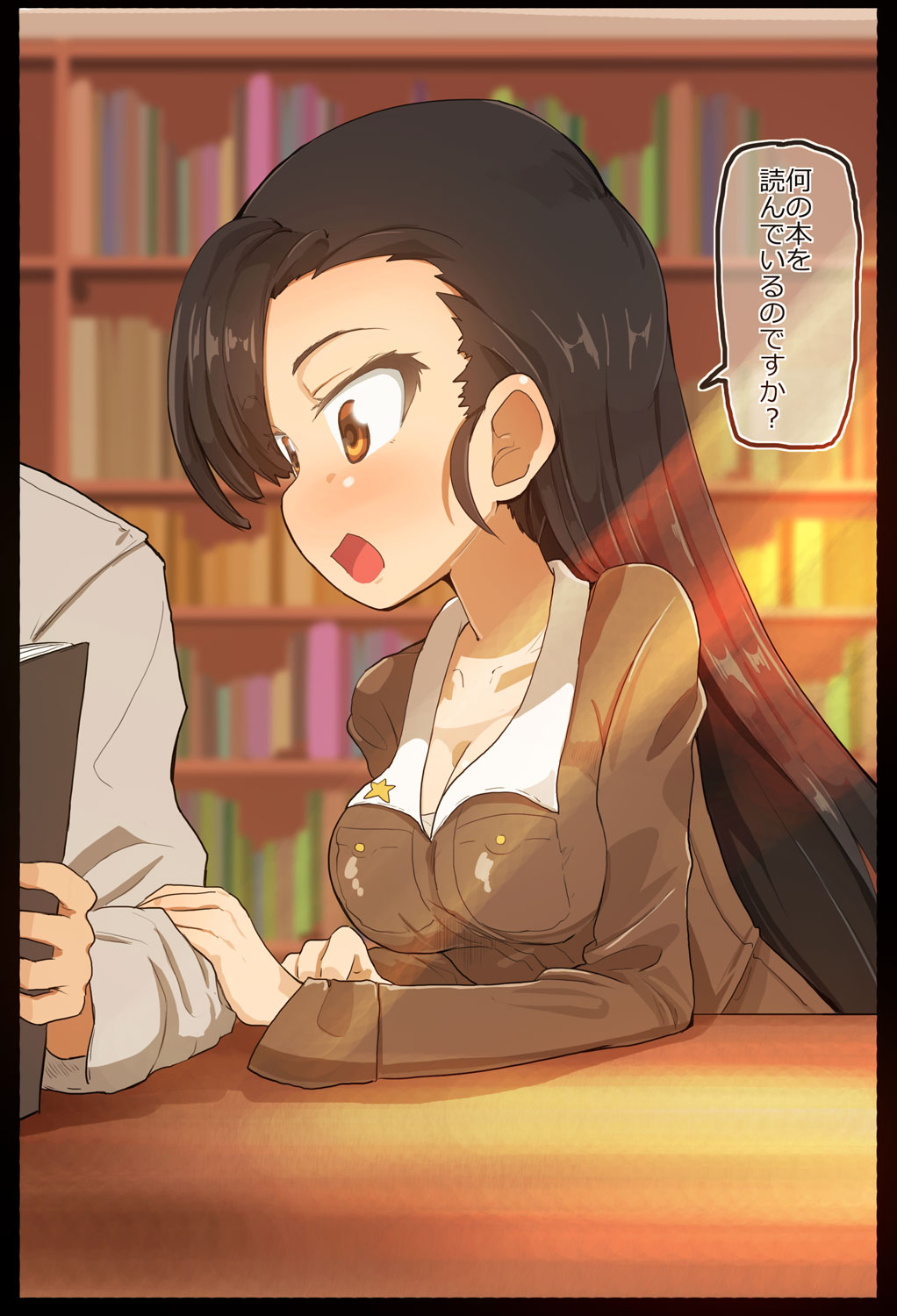 1boy 1girl arm_garter asymmetrical_bangs black_border black_hair book bookshelf border breasts brown_eyes brown_jacket chi-hatan_military_uniform cleavage commentary dress_shirt girls_und_panzer highres holding holding_book jacket jinguu_(4839ms) leaning_forward library long_hair long_sleeves looking_at_another medium_breasts military_uniform nishi_kinuyo open_mouth shirt smile star_(symbol) straight_hair sunlight table translated uniform white_shirt