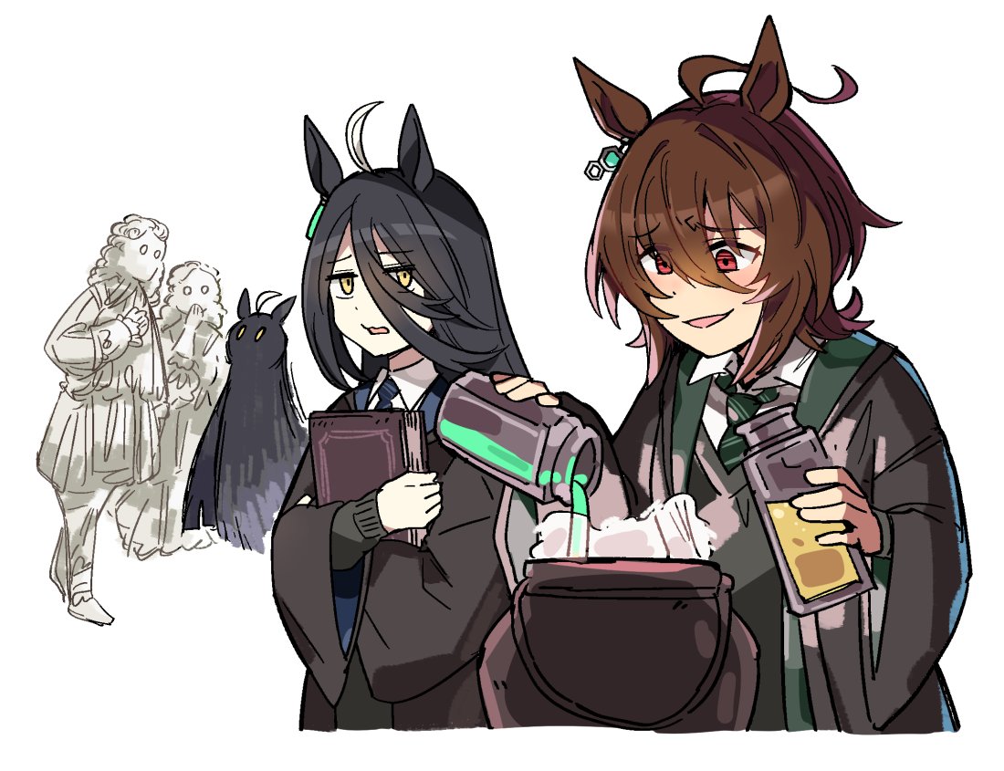 2girls agnes_tachyon_(umamusume) ahoge animal_ears black_hair black_robe book brown_hair collared_shirt cosplay diagonal-striped_clothes diagonal-striped_necktie earrings green_necktie grey_sweater hair_between_eyes harry_potter_(series) hogwarts_school_uniform holding holding_book horse_ears horse_girl ido_(teketeke) jewelry long_bangs long_hair long_sleeves manhattan_cafe_(umamusume) multicolored_hair multiple_girls necktie open_mouth ravenclaw red_eyes robe scarf school_uniform shirt short_hair simple_background single_earring slytherin smile striped_clothes striped_necktie sweater umamusume upper_body white_background white_hair white_shirt wizarding_world yellow_eyes