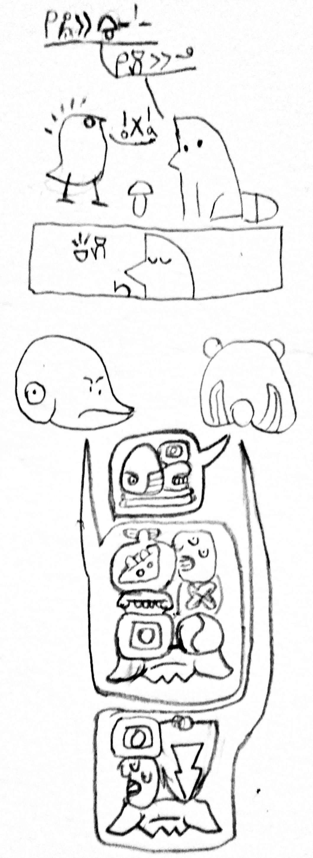 absurd_res ambiguous_gender avian beak bird comic constructed_language dialogue different_artstyle duo eating emanata eyeless eyes_closed feral frown fungus graphite_(artwork) hi_res jaki_sila kijetesantakalu mammal monochrome mushroom pencil_(artwork) pictographics procyonid ringtail scared_expression simple_artstyle simple_background sitelen_pona sketch speech_bubble substance_intoxication symbol tail text toki_pona_text traditional_media_(artwork) translated white_background wug