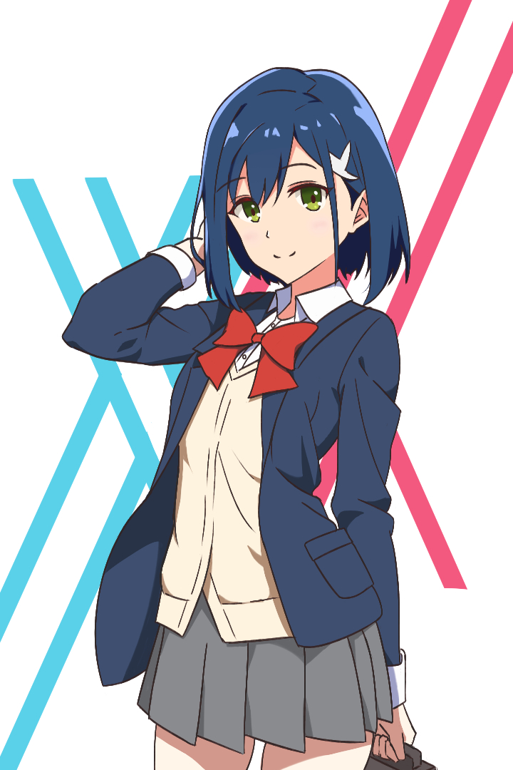 1girl adjusting_hair alternate_costume arm_at_side arm_behind_head bag blazer blue_background blue_hair blue_jacket bob_cut bow bowtie breasts briefcase brown_bag brown_cardigan cardigan closed_mouth collared_shirt commentary cowboy_shot darling_in_the_franxx dress_shirt green_eyes grey_skirt hair_between_eyes hair_ornament hairclip holding holding_bag ichigo_(darling_in_the_franxx) jacket long_sleeves looking_at_viewer pleated_skirt red_background red_bow red_bowtie school_briefcase school_uniform shirt short_hair skirt small_breasts solo uniform white_background white_shirt xiaoming1625