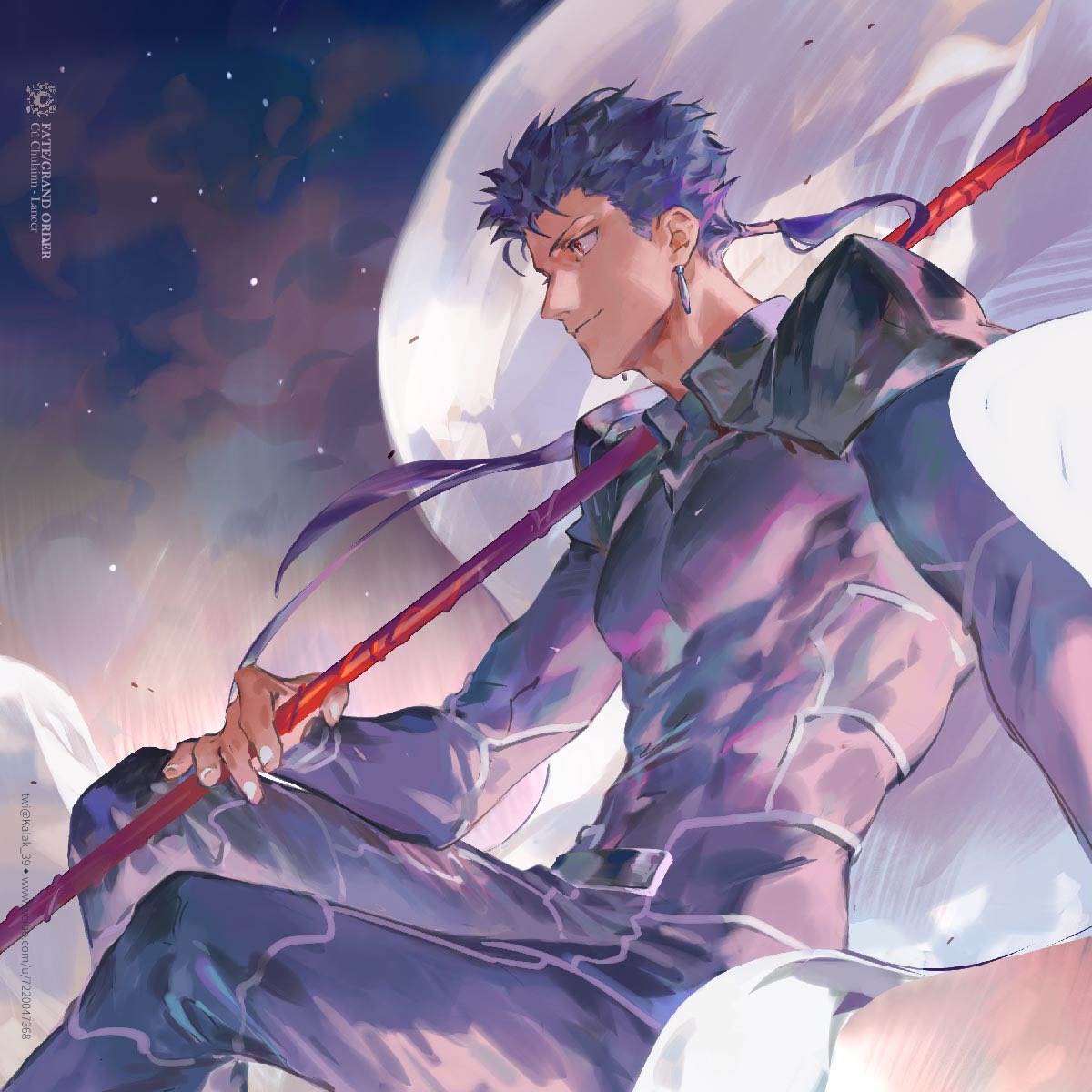1boy blue_bodysuit blue_hair bodysuit cu_chulainn_(fate) cu_chulainn_(fate/stay_night) earrings fate/grand_order fate/stay_night fate_(series) gae_bolg_(fate) highres jewelry kalak_39 light_smile long_hair looking_to_the_side male_focus night polearm ponytail red_eyes sitting sky solo spear weapon