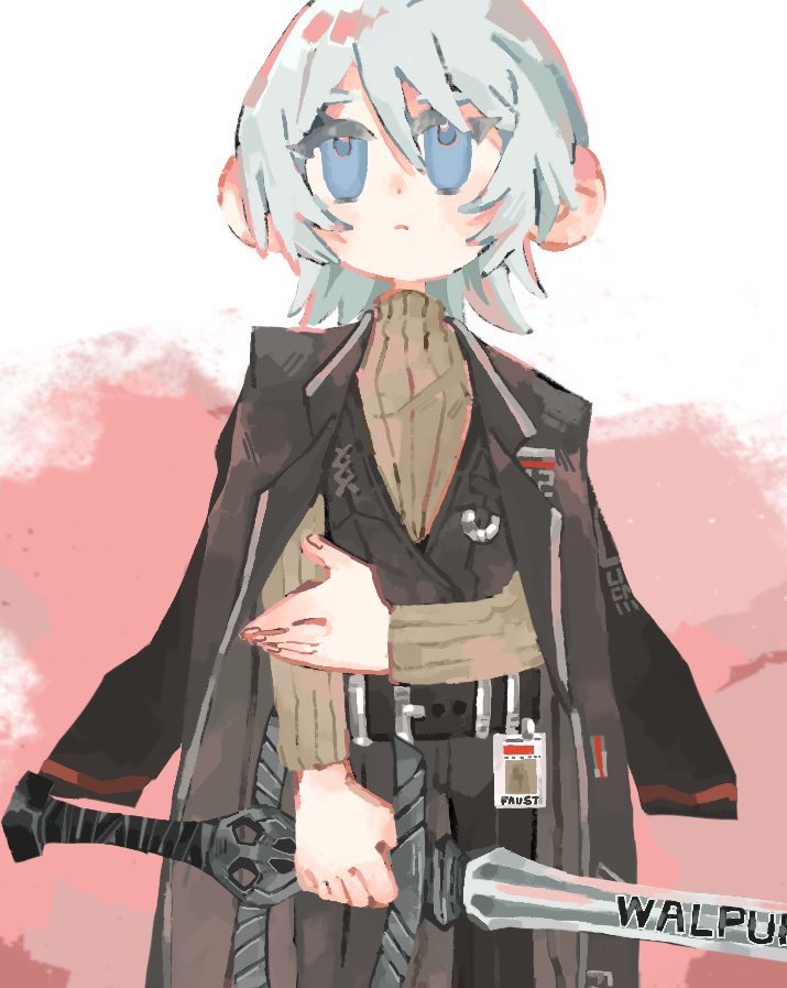 1girl black_coat black_vest blue_eyes brown_sweater closed_mouth coat coat_on_shoulders enaxtro faust_(project_moon) holding holding_sword holding_weapon limbus_company project_moon ribbed_sweater short_hair solo sweater sword turtleneck turtleneck_sweater vest weapon white_hair zweihander