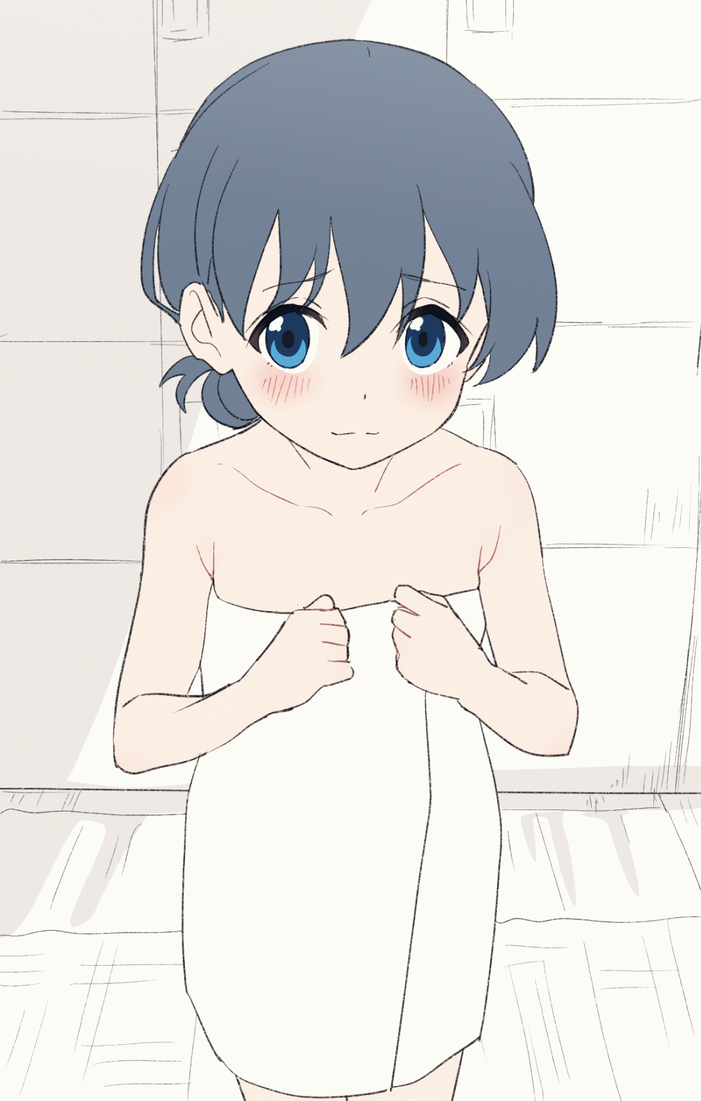 1girl animated animated_gif armpit_crease blue_eyes blue_hair blush breasts collarbone commentary cowboy_shot dot_nose groin hair_between_eyes highres idoly_pride long_hair looking_at_viewer medium_breasts naked_towel navel nipples okuyama_sumire open_mouth open_towel opened_by_self paid_reward_available ponytail sincos smile solo standing thigh_gap towel undressing