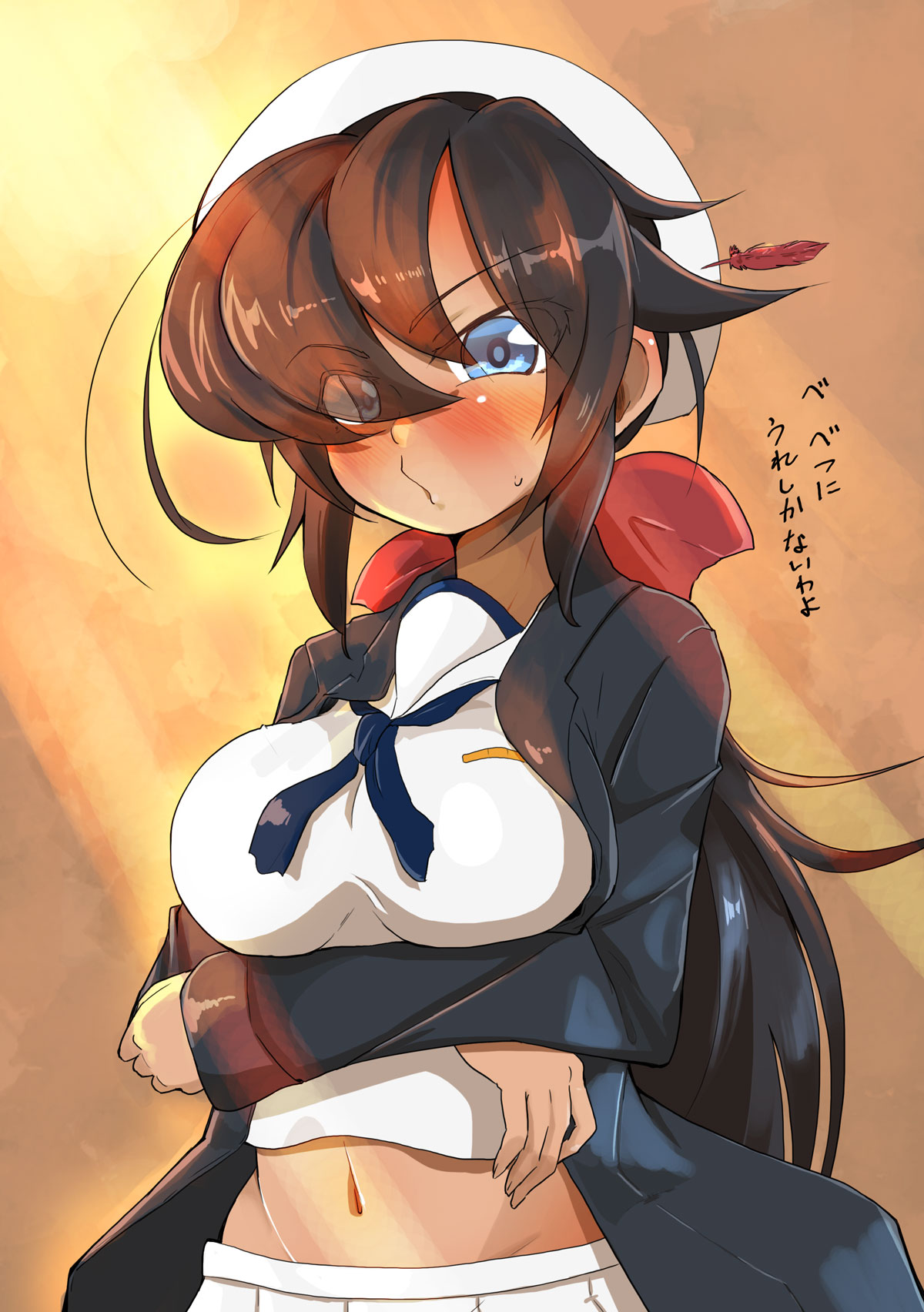 1girl black_coat black_hair black_neckerchief blouse blue_eyes blush bow breast_hold breasts closed_mouth coat commentary crossed_arms dark-skinned_female dark_skin dixie_cup_hat eyes_visible_through_hair frown girls_und_panzer hair_bow hair_over_one_eye hat hat_feather highres jinguu_(4839ms) long_coat long_hair long_sleeves looking_at_viewer midriff military_hat navel neckerchief ogin_(girls_und_panzer) ooarai_naval_school_uniform open_clothes open_coat pleated_skirt ponytail red_bow sailor sailor_collar school_uniform shirt skirt solo standing sunlight sweatdrop translated white_headwear white_shirt white_skirt