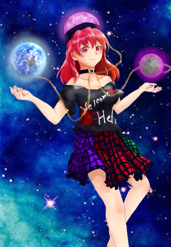 1girl black_shirt checkered_clothes checkered_skirt choker earth_(ornament) english_text hair_ornament hecatia_lapislazuli long_hair moon_(ornament) planet_hair_ornament red_eyes red_hair shee_take shirt skirt solo space star_(sky) touhou