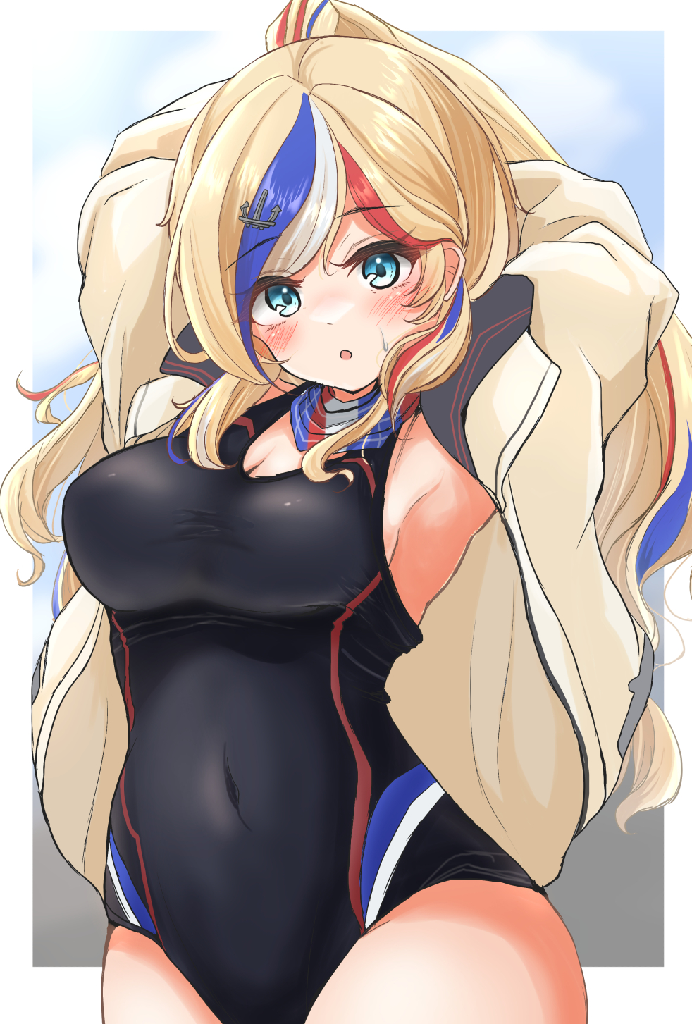1girl anchor_hair_ornament aqua_eyes blue_hair blush breasts commandant_teste_(kancolle) competition_swimsuit covered_navel cowboy_shot hair_ornament high_side_ponytail highres jacket kantai_collection kasashi_(kasasi008) large_breasts long_hair looking_at_viewer multicolored_clothes multicolored_hair multicolored_scarf one-piece_swimsuit ponytail red_hair scarf swimsuit very_long_hair wavy_hair