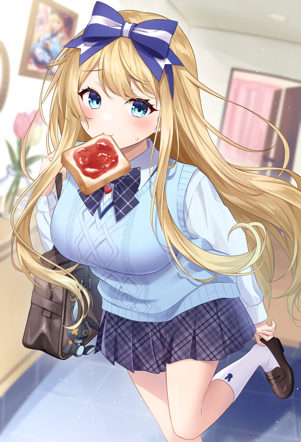 1girl bag bag_charm blonde_hair blue_bow blue_bowtie blue_eyes blue_sweater_vest blurry blurry_background blush bow bowtie bread bread_slice breasts brown_bag brown_footwear button_eyes charm_(object) collared_shirt flower food food_in_mouth hair_bow hand_up haruyuki_14 heart highres holding_strap indoors jam large_breasts light_particles loafers long_hair long_sleeves looking_at_viewer mouth_hold open_door original photo_(object) pink_flower pink_tulip plaid plaid_bow plaid_bowtie putting_on_shoes rabbit_charm school_bag school_uniform shirt shoes solo standing standing_on_one_leg sweatdrop sweater_vest tile_floor tiles toast toast_in_mouth tulip vase white_shirt wooden_floor yellow_flower yellow_tulip