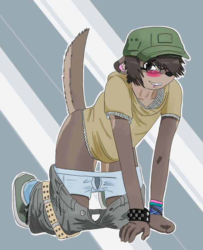 blush bottomless canine chancebandit clothing coyote cute hat looking_at_viewer male mammal pants_pull piercing raised_tail solo tail_button_bottoms