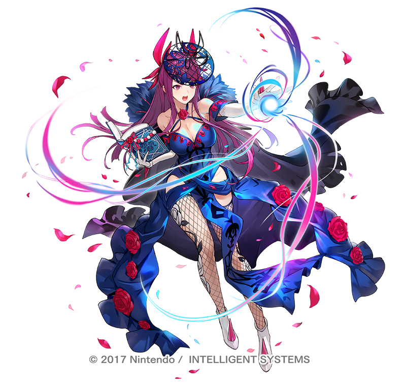 1girl bare_shoulders blush breasts cleavage dress elbow_gloves fascinator fire_emblem fire_emblem_engage fire_emblem_heroes flower full_body gloves hair_ornament halterneck ivy_(fire_emblem) jewelry kakage large_breasts long_hair looking_at_viewer mole mole_under_mouth official_art purple_eyes purple_hair rose sidelocks solo very_long_hair white_gloves