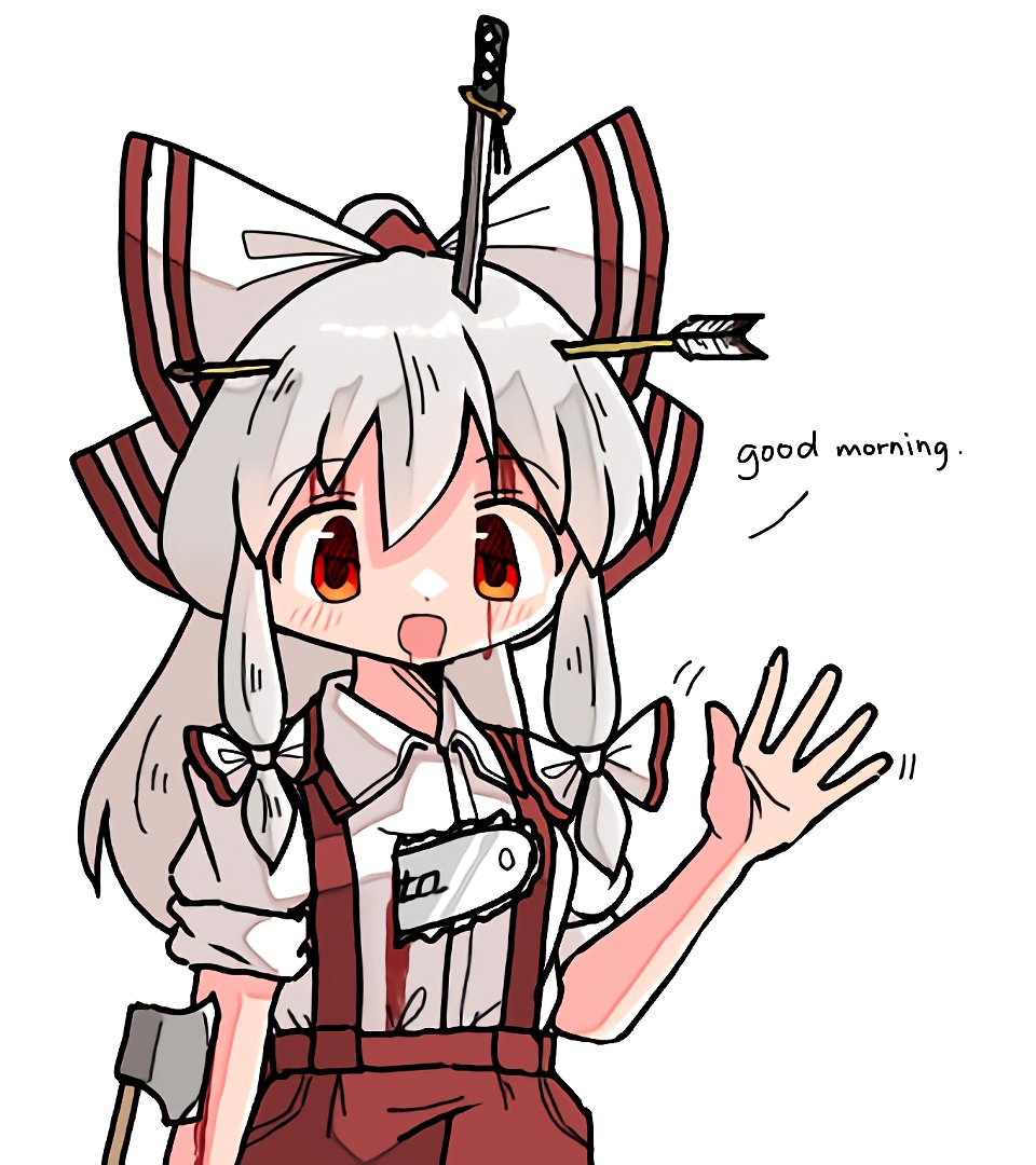 1girl :d arrow_(projectile) arrow_in_head axe bleeding blood blood_on_face bow chainsaw fujiwara_no_mokou good_morning hair_bow kasuya_baian katana long_hair object_through_head pants red_eyes red_pants shirt sidelocks simple_background smile solo suspenders sword touhou waving weapon white_background white_hair white_shirt