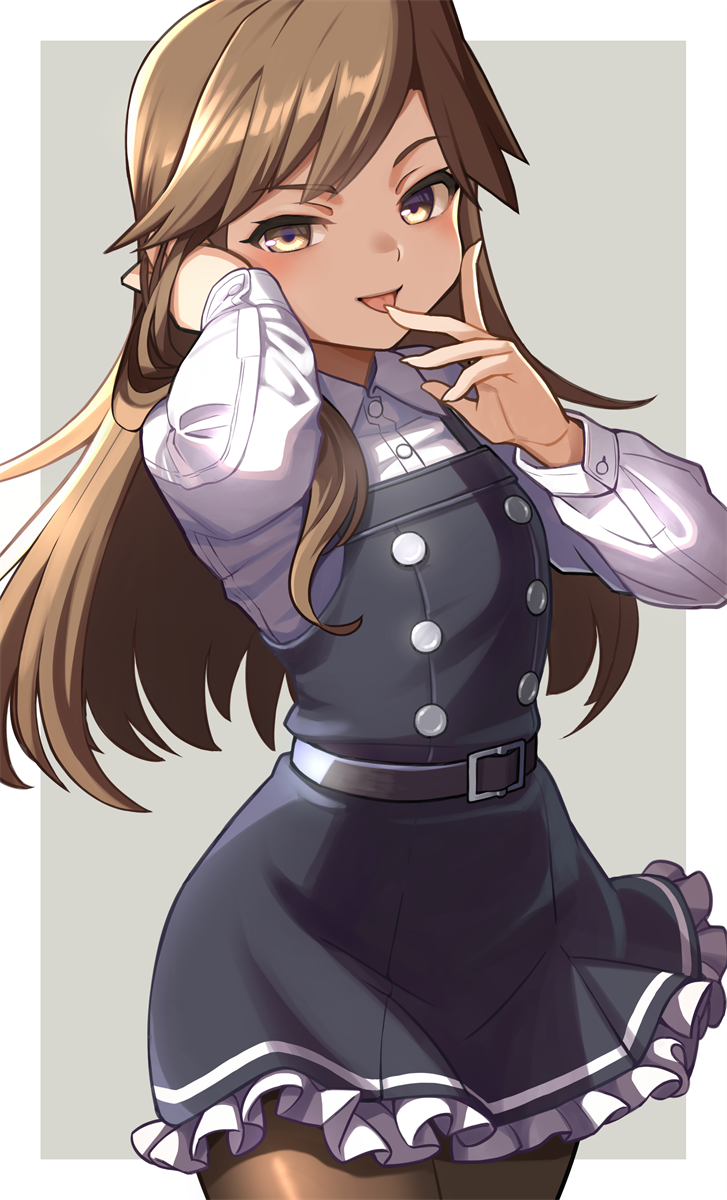 arashio_(kancolle) belt brown_eyes brown_hair dress finger_to_tongue highres kantai_collection long_hair looking_at_viewer mizoki_kei pantyhose school_uniform simple_background