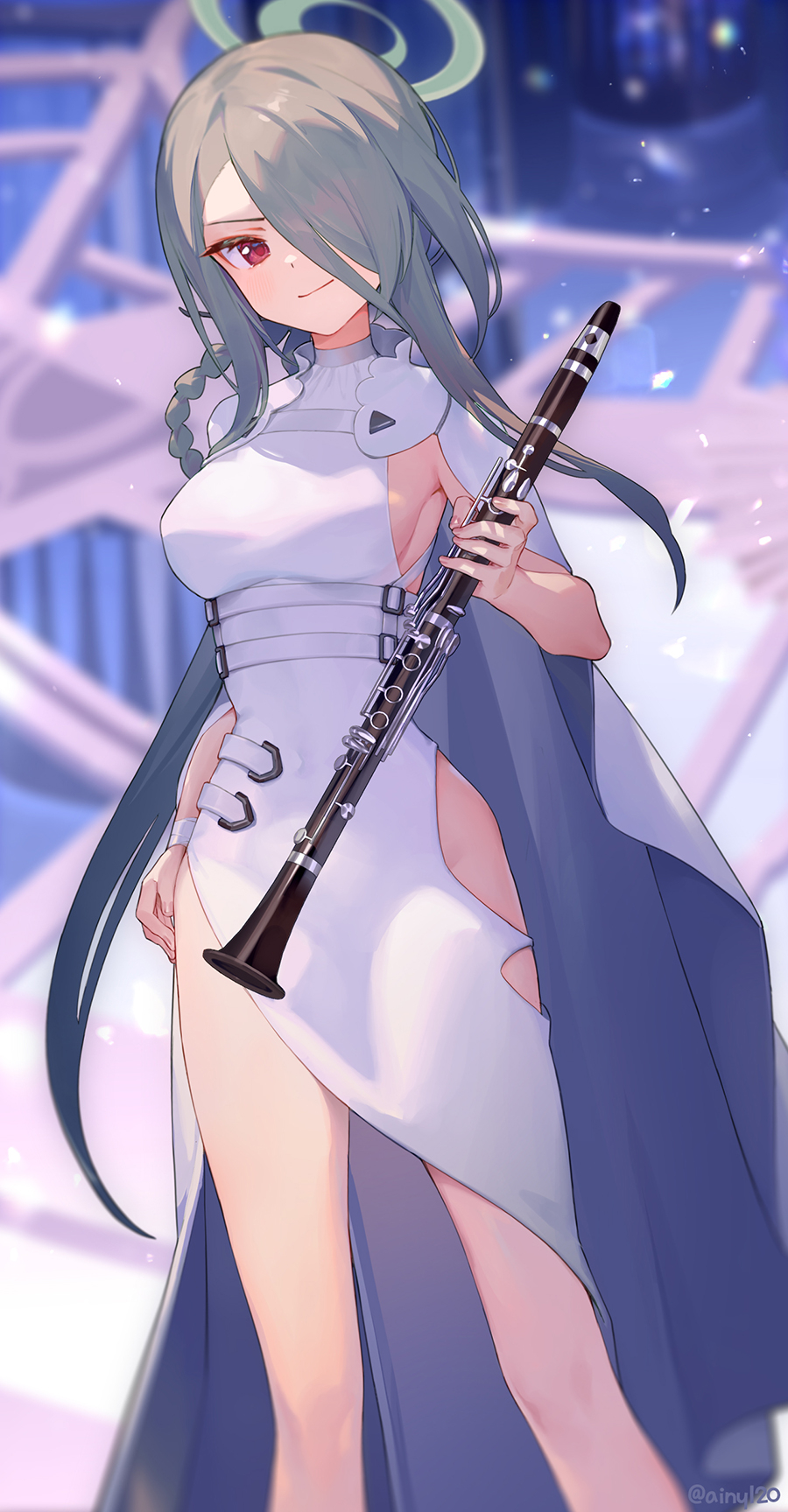 1girl ainy blue_archive breasts clarinet closed_mouth dress feet_out_of_frame fingernails green_hair hair_over_one_eye halo highres holding holding_instrument instrument large_breasts long_hair mina_(blue_archive) red_eyes sideboob sleeveless sleeveless_dress smile solo white_dress