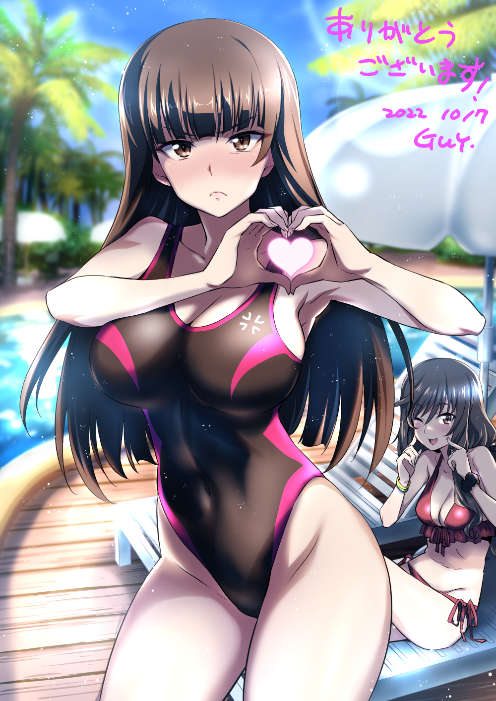 2girls bikini blunt_bangs breasts brown_eyes brown_hair character_request cleavage commission cowboy_shot girls_und_panzer heart heart_hands highres hime_cut large_breasts long_hair looking_at_viewer multiple_girls nakahira_guy nishizumi_shiho one-piece_swimsuit pool red_bikini skeb_commission smile swimsuit thighs