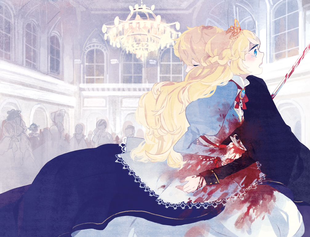1boy 1girl ballroom black_cape black_jacket blood blood_on_clothes blood_on_hands blood_on_weapon blue_dress blue_gemstone braid brooch brother_and_sister cape chandelier closed_eyes collar covered_mouth dress drossel_no_tsurugi_(vocaloid) feet_out_of_frame french_braid from_side gem gown holding holding_sword holding_weapon hug impaled indoors jacket jewelry juliet_sleeves kagamine_len kagamine_rin long_hair long_sleeves mig_(36th_underground) neck_ribbon official_art open_mouth people profile puffy_sleeves red_ribbon ribbon short_hair siblings sleeve_cuffs standing sword tearing_up teeth tiara upper_teeth_only vocaloid weapon white_collar