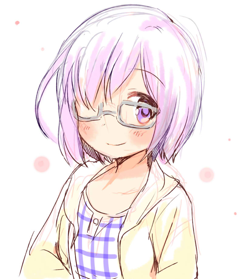 1girl blush casual checkered_clothes checkered_shirt fate/grand_order fate_(series) glasses hair_over_one_eye jacket light_smile looking_at_viewer mash_kyrielight open_clothes open_jacket purple_eyes purple_hair shirt short_hair simple_background sketch solo swept_bangs tatsunokosso upper_body