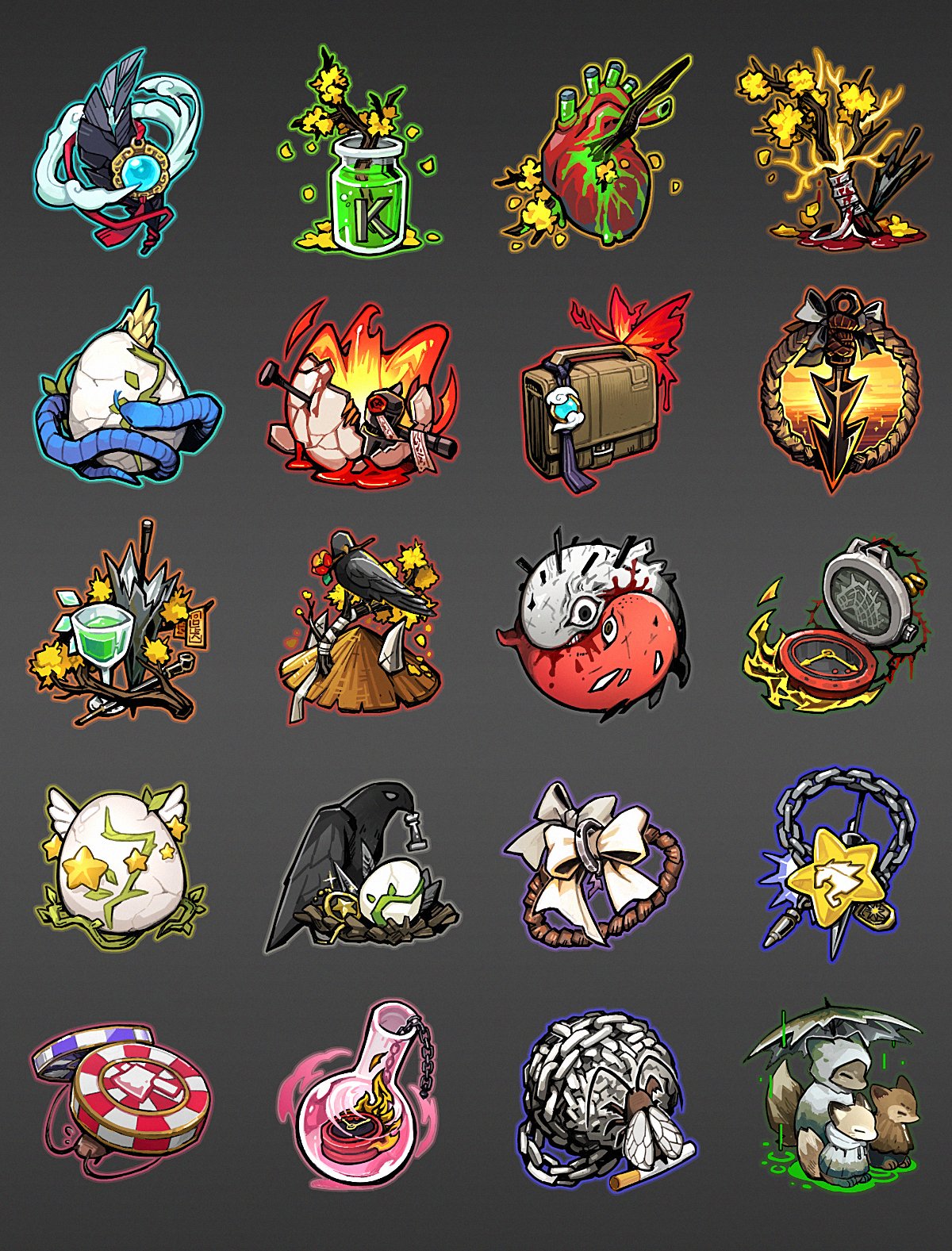 annotated badge bandages bird blood bow branch bug bullet camellia chain cloud cockroach crow cup dante_(limbus_company) drifting_fox e.g.o_(project_moon) egg feathers flaw_eight flower golden_bough_(limbus_company) heart_(organ) highres in_flask jewelry limbus_company poker_chip project_moon ring rope snake star_(symbol) the_pallid_whale thorns umbrella vial white_bow